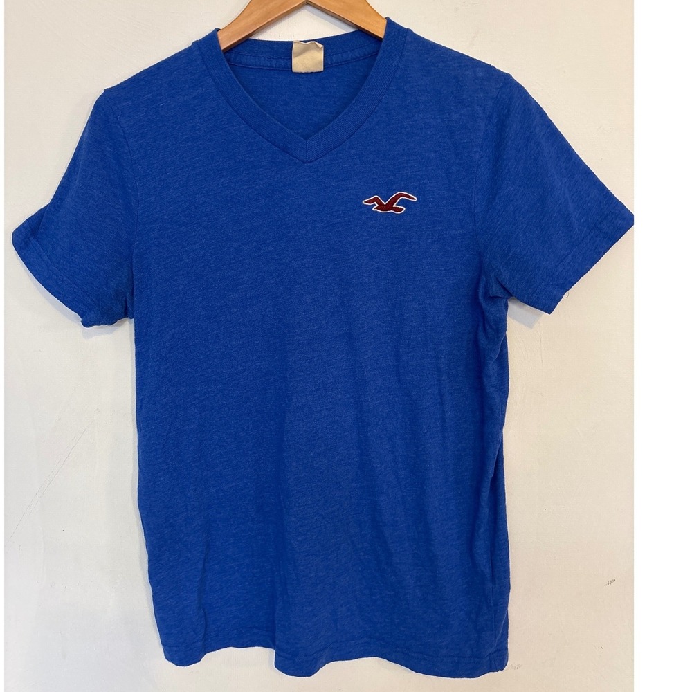 Hollister Mens V-Neck Short Sleeve T-Shirt Blue Embroidered Logo Size M